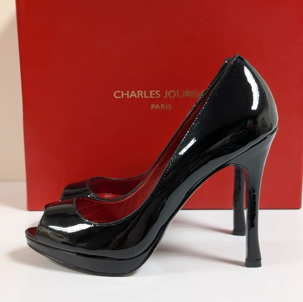 Charles Jourdan Paris Glossy Black Patent Leather Peep Toe Stilettos NIB 6.5